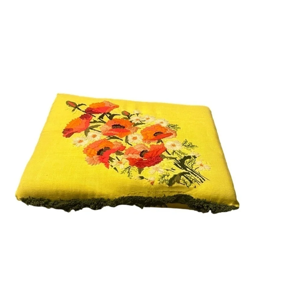 Retro Vintage Crewel Pillow‎  Daisy Flowers Daisies Yellow Fringe Trim